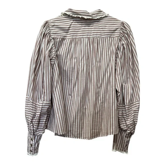Free People Bexley Cotton Striped Blouse Button Up Puffed Sleeve Lace NEW M - Picture 11 of 15